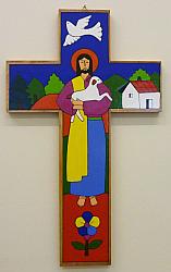 Latin American Painted Cross - 63 cm - Christ the Good Shepherd/Dove